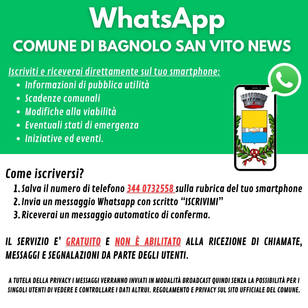 Whatsapp Comune di Bagnolo San Vito News